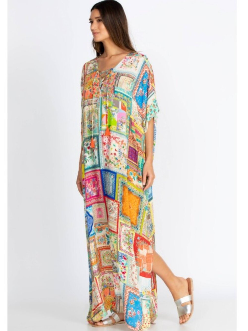 NEW JOHNNY WAS Bella Lace Up Maxi Kaftan Dress Bohemian Size L/XL